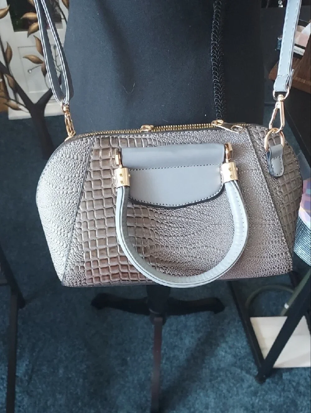 Disha Kula Gray Croc-Embossed Dome Satchel with Gold Hardware - Picture 3 of 5